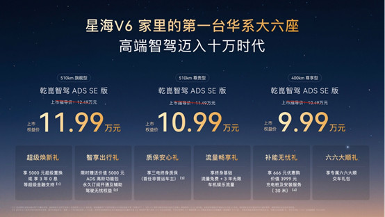 华系大六座星海V6正式上市9.99万元起！高端智驾迈入十万时代